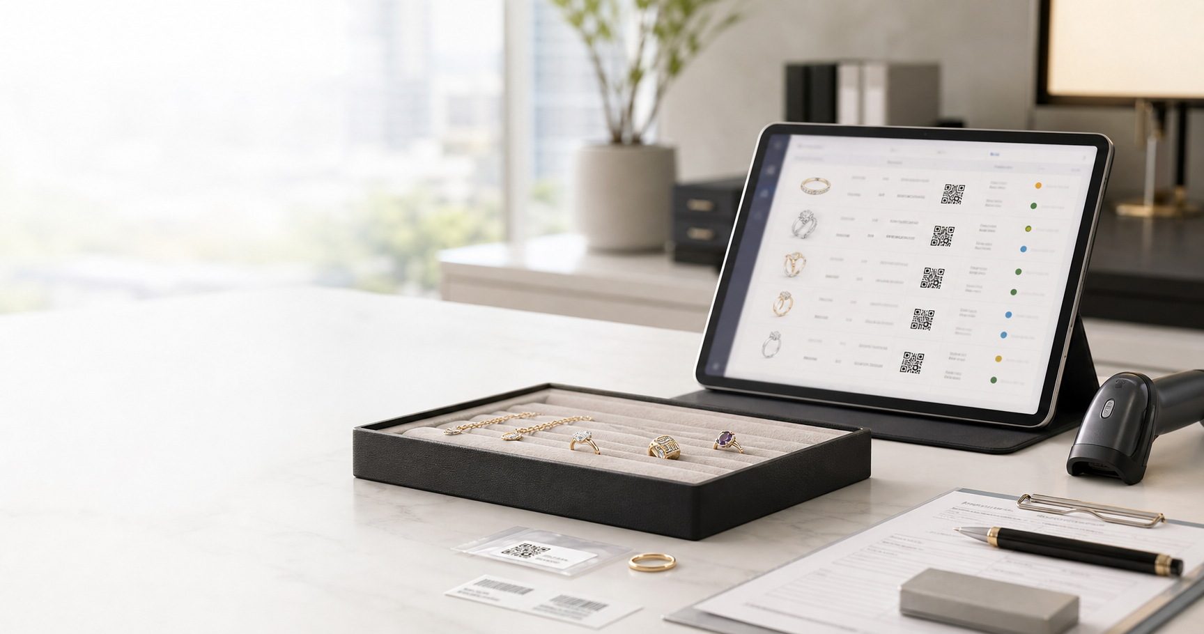Jewelry operations workspace with inventory labels and business documents
